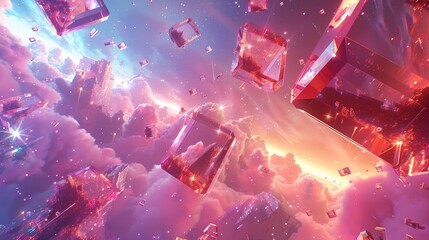 A beautiful dreamscape of floating, glowing crystals in a sea of pink clouds.