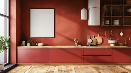 Modern kitchen interior with a blank poster on the wall, wooden floor, and red cabinets, concept of...
