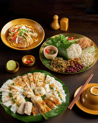 Authentic Vietnamese Cuisine: Fresh Spring Rolls, Pho Soup, and Rice Dish on Wooden Table