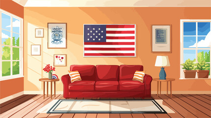 Interior of stylish living room with USA flag Vector