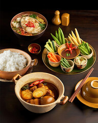 Traditional Thai Cuisine with Rice, Vegetables, and Spicy Soup - Authentic Asian Food Photography