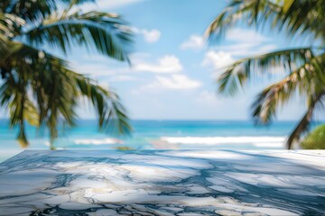 Beautiful marble table top with a blurred beach and palm trees background for product display montage
