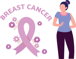 The girl is looking at the pink ribbon.