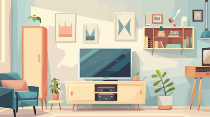Interior of stylish room with TV stand and shelf unit