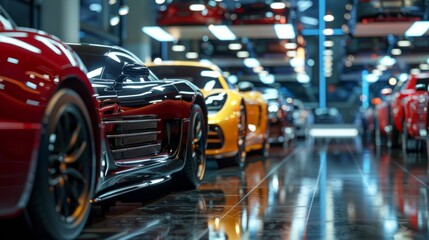 New cars in the showroom show waiting for sale to customer. hyper realistic 