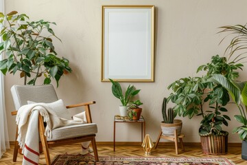 Retro interior design of living room with stylish vintage chair and table, plants, cacti, personal accessories and gold mock up poster frame on the beige wall.