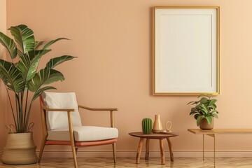 Retro interior design of living room with stylish vintage chair and table, plants, cacti, personal accessories and gold mock up poster frame on the beige wall.