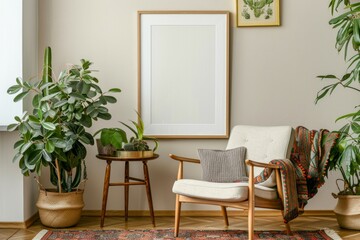 Retro interior design of living room with stylish vintage chair and table, plants, cacti, personal accessories and gold mock up poster frame on the beige wall.