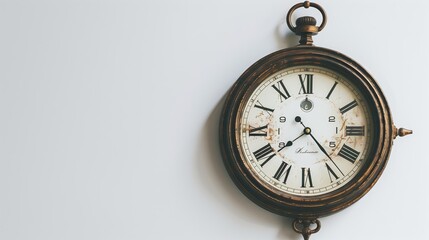 A vintage wooden wall clock with black hands and a classic design isolated on a white background