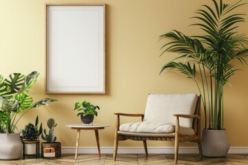 Retro interior design of living room with stylish vintage chair and table, plants, cacti, personal accessories and gold mock up poster frame on the beige wall.