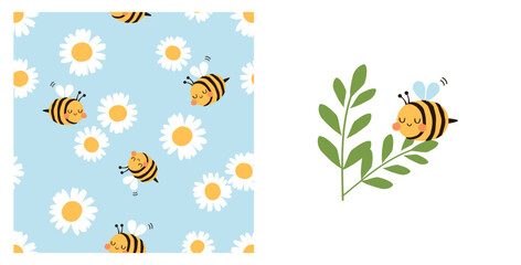 Seamless pattern with flying bee cartoons and daisy flower on blue background vector. Bee and branch icon sign isolated on white background.