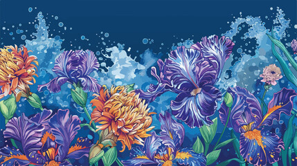 Irises and chrysanthemums on a blue background. artwo