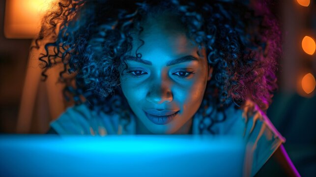 Black woman, focused on a coding project at her laptop, a blue screen glow illuminating her smile, reflecting career success in the tech industry.