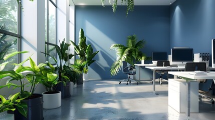Contemporary Office Interior with White and Blue Open Space Design: Modern office with lush green plants and natural light
