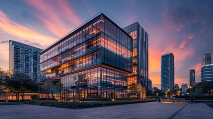 A Captivating Evening Scene Unfolds at the Business Center Under the Majestic Canopy of the Evening Sky