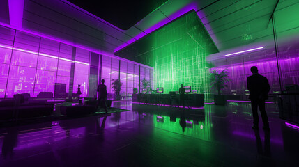 A futuristic network business cybersecurity workspace and a team of security professionals working together