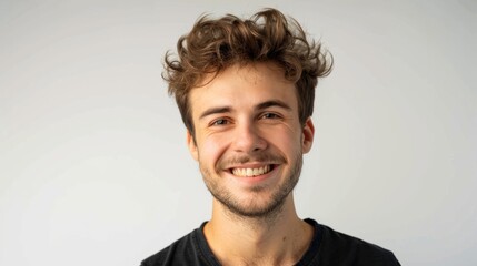 Portrait of a handsome young man smiling at camera over white background hyper realistic 