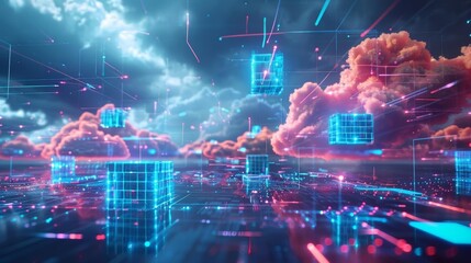 Obraz premium A digital landscape with a blue and pink color scheme. There are several blue and pink cubes floating in the air. The background is a dark blue sky with light blue clouds.