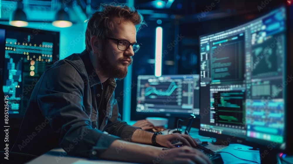 Poster programmer working in a software developing company office hyper realistic