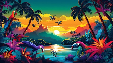 Colorful vector illustration of a tropical paradise with palm trees and exotic birds, perfect for summer-themed designs and vacation vibes.