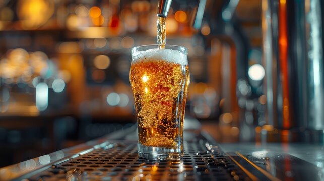 Witness the Smooth Flow of Cold Beer from Crane to Glass, Set Amidst the Vibrant Ambiance of a Pub, Where Friends Gather for Shared Cheers