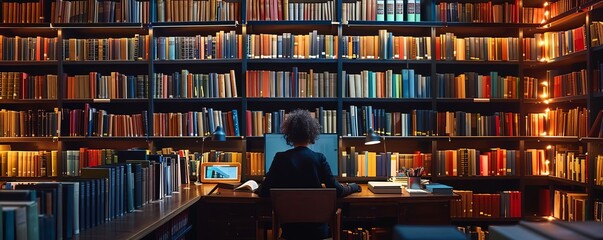 Librarian cataloging books and resources using a library management system in dark mode, enhancing usability and comfort, in a modern library