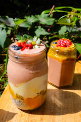 Strawberry smoothie bowl topped with freah strawberry, bluberry, apple flower and nuts and seeds, healthy summer fresh and refreshing breakfast bowl 