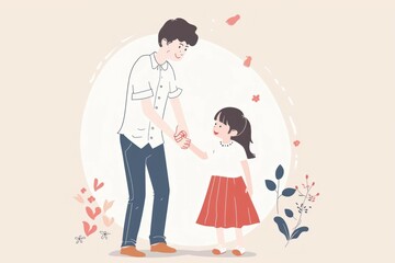 A little girl is holding her father's hand in a cute cartoon style