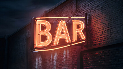A captivating illuminated neon sign "BAR",  inviting glow on cobblestone wall 