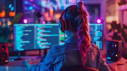 Cybersecurity professional debugging code on a three-screen setup, the workspace illuminated by neon lights, reflecting cutting-edge tech solutions.