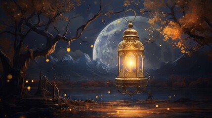 3d illustration of a fantasy landscape with a lantern and a full moon