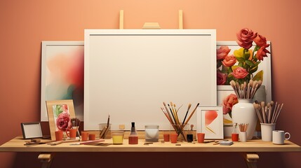 Creative mockup scene with blank picture frames and art supplies, allowing for easy customization of artwork presentations.