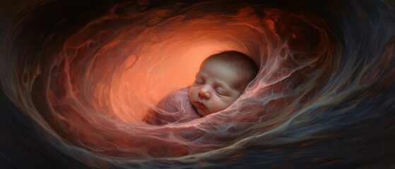 Little human baby in mother's womb, close-up view of a small embryo nestled comfortably within the uterus, highlighting the serenity and innocence of early life stages,