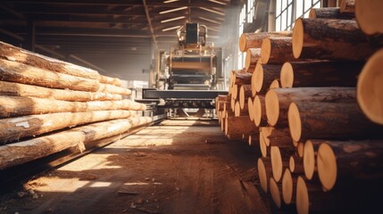 Dynamic shot of a lumber mill in operation, logs being cut into planks, focusing on the machinery and raw materials,