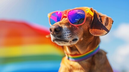 Dachsund dog at a summer pride parade, with rainbow flags and digital sunglasses reflecting futuristic pride, and copy space for additional content.