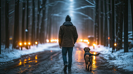 Man and dog walking in the snowy street created with Generative AI technology - Powered by Adobe