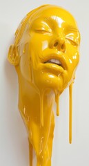 Creative makeup. Conceptual idea of ​​bold body art painting. Abstract sculpture of a woman's face covered in yellow paint.