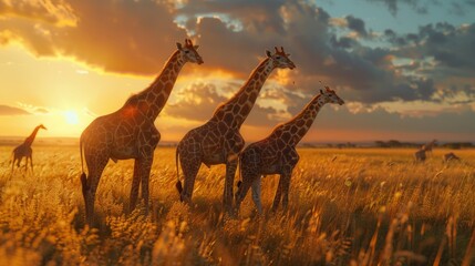 Tranquil Giraffes Gracefully Navigating the Savanna, Their Long Necks Reaching for the Canopy,...