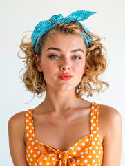 A beautiful blonde and sensual pin-up girl with a winking and flirtatious expression