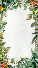 A white background with a green frame and a bunch of leaves