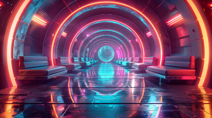 A futuristic, neon-lit tunnel adorned with minimalist sofas, leading to a futuristic city.