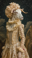 Glamorous goat in a sequined gown, wearing a diamond necklace, against a star-studded sky backdrop