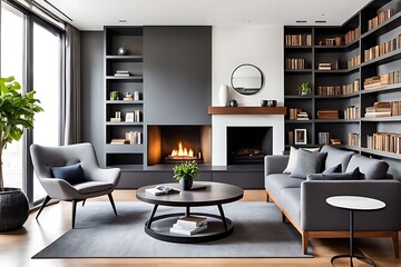  Barrel chair and round coffee table near grey corner fabric sofa against the wall with fireplace and bookshelves design. The interior design of the modern living room. 