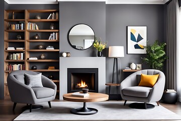  Barrel chair and round coffee table near grey corner fabric sofa against the wall with fireplace and bookshelves design. The interior design of the modern living room. 