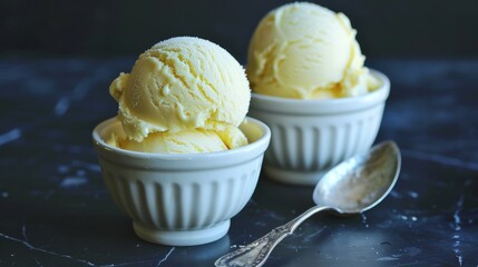 durian ice cream on a black table. A spoon is in one of the bowls. Two durian fruits are also on the table.