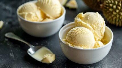 durian ice cream on a black table. A spoon is in one of the bowls. Two durian fruits are also on the table.