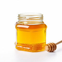 Fresh Honey in a Jar with a Drip and Honeycomb on a White Background 
