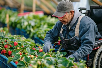 Disabled man in a wheelchair, tending to a strawberry patch in a community garden, reflecting diversity in agriculture.