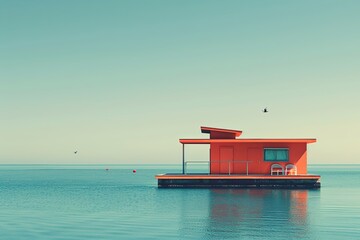 A small red house calmly floating on the liquid horizon of the ocean