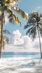 Beautiful marble table top with a blurred beach and palm trees background for product display montage
